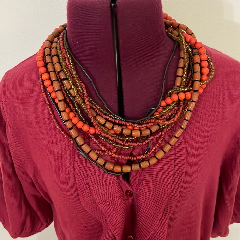 Anthropologie fall layering necklace wood and glass beads rust orange and gold